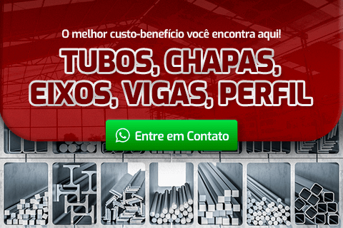 Imagem do estoque da Metalco com destaque para a variedade de tubos, chapas, eixos, vigas e perfis disponíveis.